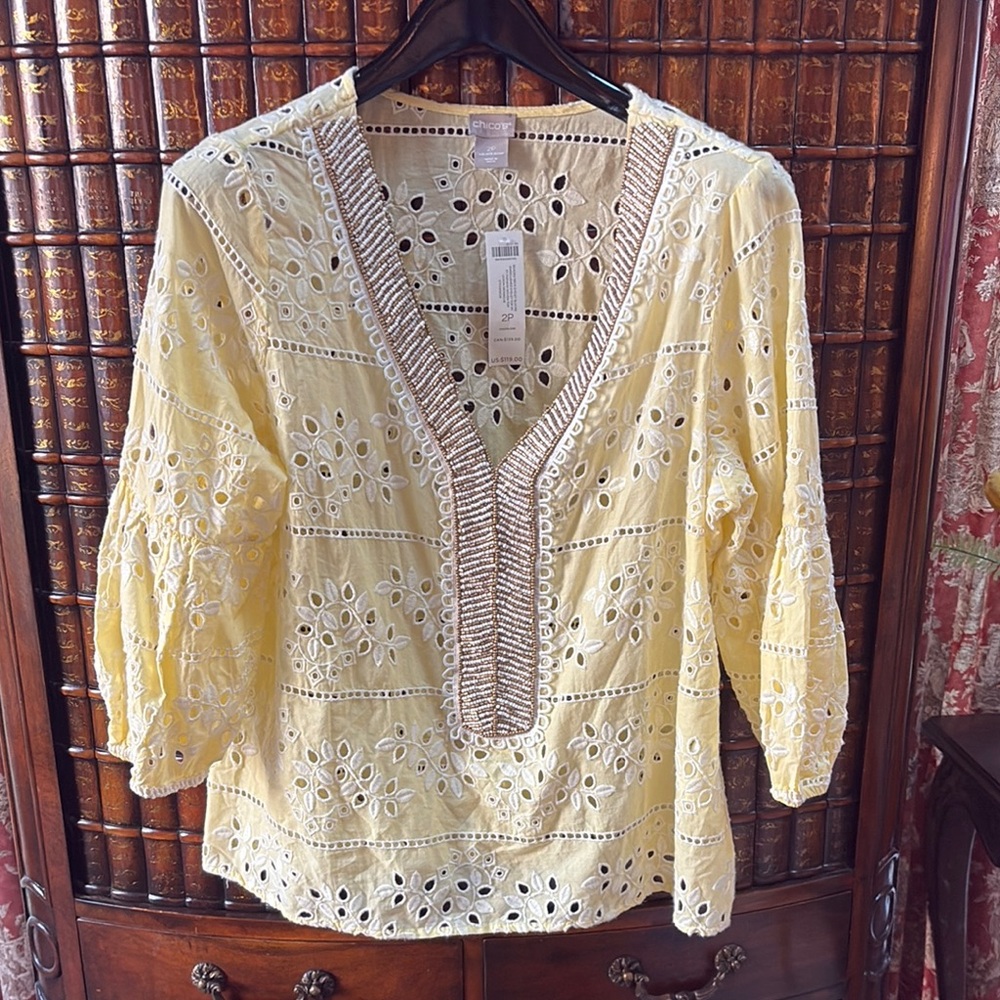 Chico’s Yellow Eyelet V-Neck Women's Top